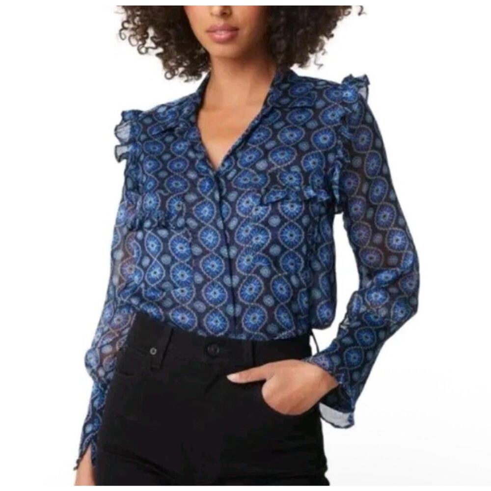 MISA Los Angeles Sheer Anita Button Front Blouse Top in Blue Valencia Tile